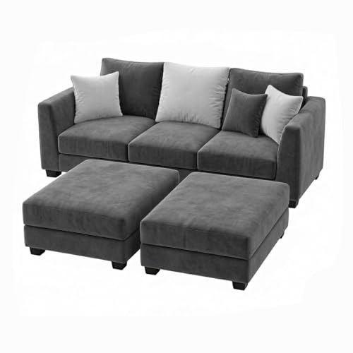 Image of SOCOZI Evanto 5 Seater L Shape Sofa Set with 2 Movable Ottomans | Flexible Layout| Soft Velvet Suede Fabric|Modern Sofa | Plush Comfort Cushions for Living Room (Dark Gray-Light Gray)