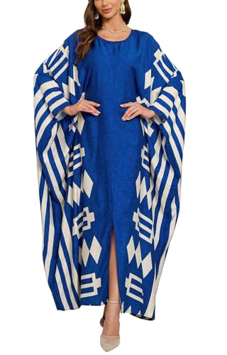 Orshoy Damen Kaftan Kleider Batwing Sleeve Strandkleid Strandponcho Oversize Bikini Cover Up Sommer Bikini Tunika Beach Dress Blau Weiß