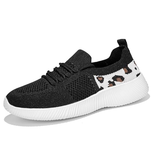 Women's Slip-On Shoes with Leopard Cheetah Print Casual Sneakers Crafted by Flying-Woven Tatting Breathable Mesh Fashionable Shoes for Ladies with Anti-Slip and Wear-Resistant Soft Outsole