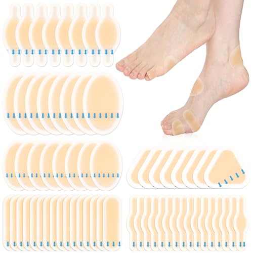 64 Pieces Hydrocolloid Blister Bandages for Feet - 6 Styles Waterproof Adhesive Blister Pads, Blister Patches for Heel, Foot, Toe, Blister Cushions for Prevention