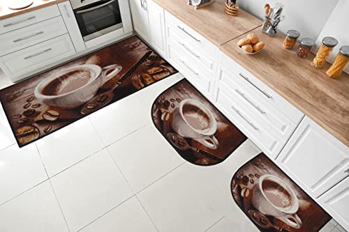 Kashi Home Kitchen Rug, Printed Area Rug, Durable Floor, Door Mat, Farmhouse Non-Slip Carpet Latex Backing Beautiful Design Coffee Bean 3Pc Set (2 18X30 D Shape & 1 20X40) #TOP3