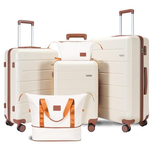 Image of 5 Piece 20 inch 24 inch 28 inch ABS Hardside Luggage Set, Lightweight Suitcase with TSA Lock & Smooth Spinner Wheels for Weekend and Air Travel (20 /24 /28 /DB /TB Beige)