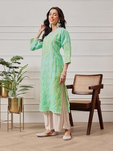Image of Ada Lucknowi Hand Embroidered Chikankari Cotton Kurta Kurti Tunic for Women A253605 (Sea Green, 3XL)