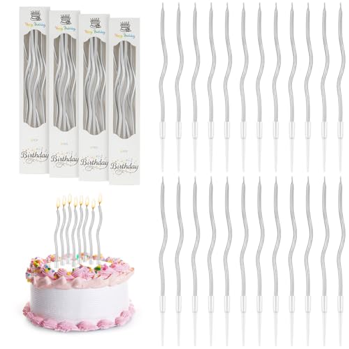 URAQT Metallico Candeline, 24 Pz Torta Compleanno ondulate Sottile Candele con Supporti, Candele Compleanno Candeline Torta Decorazioni per Feste, Accessori per Feste(Argento)
