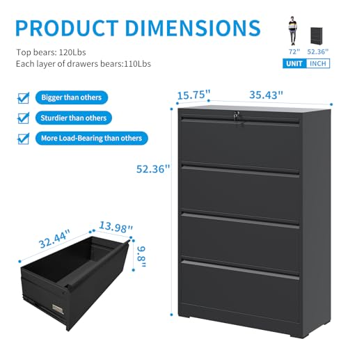 EKJ 4 Drawer Lateral File Cabinet with Lock, Metal Lateral Filing Cabinet for Home Office, Steel Wide Horizontal Filing Cabinets for Letter/Legal/A4/F4 Hanging Files (Black)