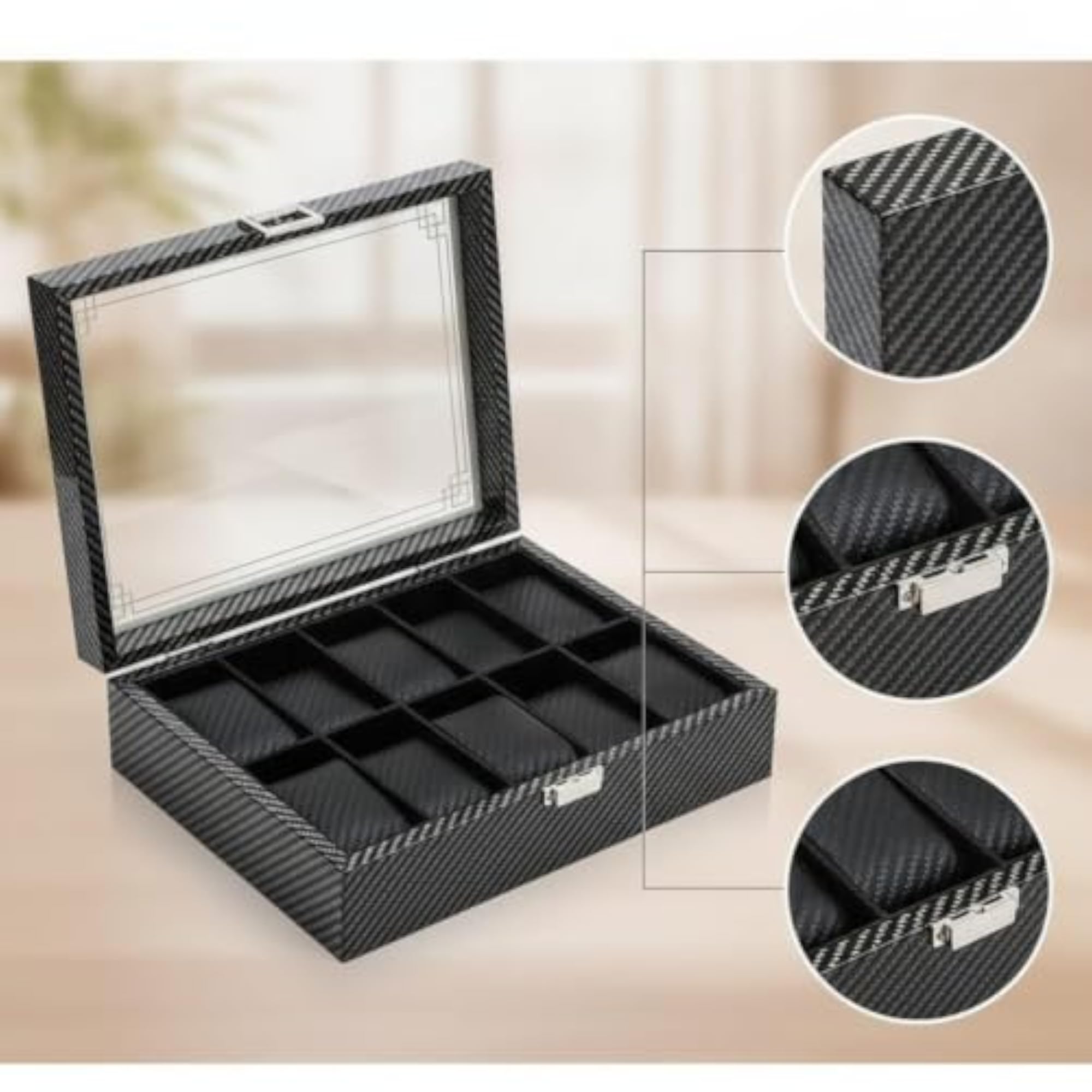 Carbon Fiber Pattern Watch Box with Clear Lid