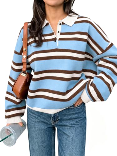 Tankaneo Sweaters for Women Striped Polo Sweater Casual Pullover Knit Tops