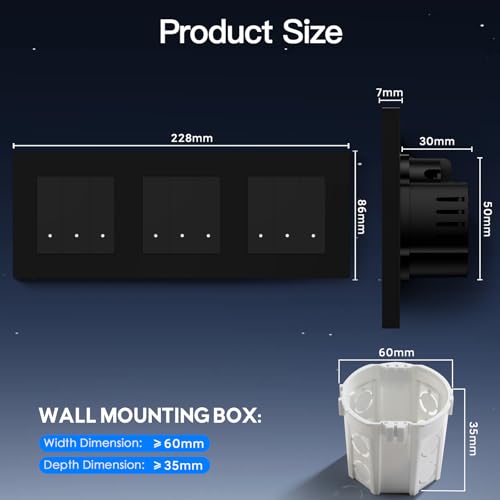 BSEED Smart Lichtschalter 3 Fach 1 Weg Tripple Wlan Smart Lichtschalter arbeitet mit Amazon Alexa/Google Home, WIFI Taster Schalter PC Rahmen kompatibel mit Smart Life/Tuya-228mm, Schwarz