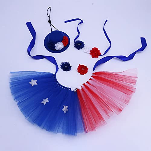 Pet Dog Independence Day Costume - Usa Independence Day Cat Dress Up Supplies - Red And Blue Flower Design Dog Hat Scarf Flower Necklace Independence Day Party Set (4 Pcs) #TOP5