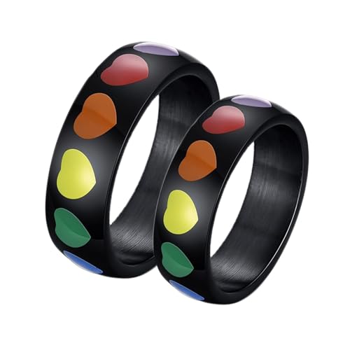 Bague fiancaille noir en acier inoxydable poli de 6mm avec motif cœur arc-en-ciel
