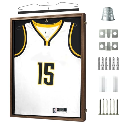 ASmileIndeep Jersey Frame Display Case, Large Football Jersey Shadow Box, Sports Jersey Frame with 98% UV Protection Acrylic and Hanger for Baseball Basketball Hockey Shirt and Uniform, Rustic Brown