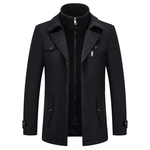 KUDORO Herren Wintermantel Wolle Kurzmantel Mittellang Peacoat Herren Casual Slim Fit fr Business Freizeit(Schwarz,XXL)