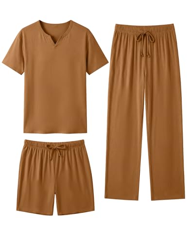 Sykooria Pajamas for Men Pj Three Piece Cozy Lounge Set Short Sleeve Sleepwear with Shorts for Husband Father Gift Brown