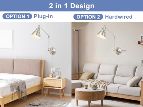 Image of 1 Pack Plug in Wall Sconce, Dimmable On Off Switch, Swing Arm Wall Lamp, Brushed Nickel Metal Industrial, Plug in Wall Light (Brushed Nickel, Without Bulb+Remote)