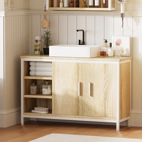 Eluchang Mueble Bajo Lavabo Baño 90x30x60cm, Roble Claro Blanco, E1 Mdf Metal, 2 Puertas 3 Compartimentos Abiertos, Estante Ajustable 6,4cm, Anti-Caída Anti-Húmedo