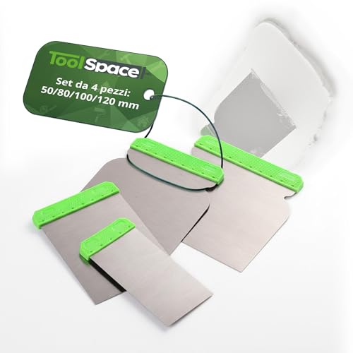 ToolSpace Set Spatole Giapponesi 4 Pezzi Acciaio Inossidabile Inox 50 80 100 120 mm Stucco Finitura Pareti Carrozzeria Bricolage Professionale Gesso Legno Antiruggine Flessibile Officina Muratore DIY