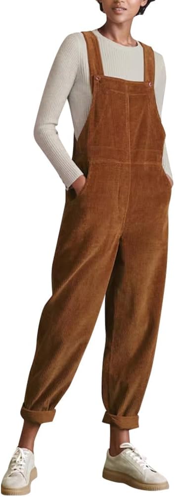 ODIZLI Women's Fall Corduroy Overalls Adjustable Straps Corduroy Jumpsuit with Pockets
