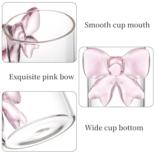 Image of Goaste 4 Pack Cute Pink Bow Glass Cups, 10 oz Clear Water Glasses with Bow Design, Aesthetic Iced Coffee Mug Tumbler, Old Fashioned Cocktail Glassware for Women Friends Wedding Engagements Gifts Party