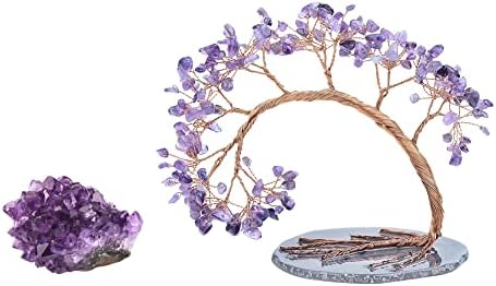 Rockcloud Paquete de 2 decoraciones de cristal de amatista natural para escritorio de oficina en casa, geoda de racimo de cristal y árbol de dinero