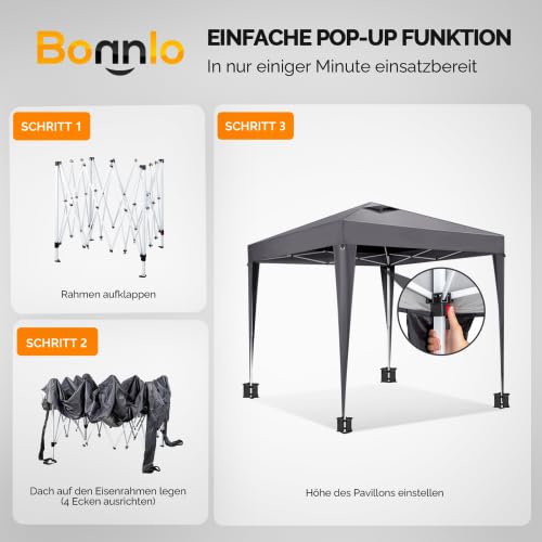 Bonnlo Carpa Plegable de 3x3m, con 4 Bolsas de Arena, UPF 50+, Gazebo y Cenador de Jardín Impermeables, para usos Exteriores, Camping, Fiestas, Playa y Patios, Gris Oscuro