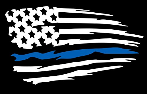 MWht Thin Blue Line - Tattered American Flag Decal Vinyl Sticker Graphics|UR Impressions|Car Truck SUV Van Wall Window Laptop|Matte White & Azure Blue|7.5 X 4.3 Inch|URI656