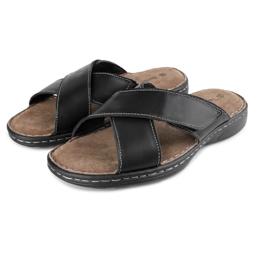 Image of Mens Adjustable Slides Cross Napa Leather Open Toe Sandals Soft Memory Foam Slip On Sandlas Classic Dress Slides Summer Beach Comfy Slippers Rubber Non Slip Sole Black EU42 /US9