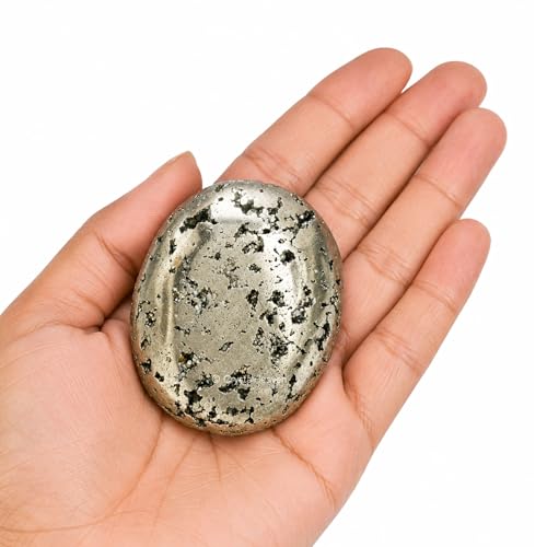 Image of Certified Raw Pyrite Crystal Palm Pebbles Stones for Anxiety Stress Relief Massage - AAA Grade Original Healing Gemstone Agate Palm Stone for Yoga Meditation Spiritual Reiki Feng Shui
