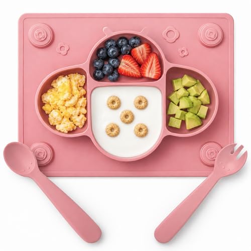 Image of ROCCED Suction Plates for Baby Placemat Spoon Fork Set for Toddlers, Silicone Baby Plates with Suction Baby Dishes for Kids Plates-pale mauve