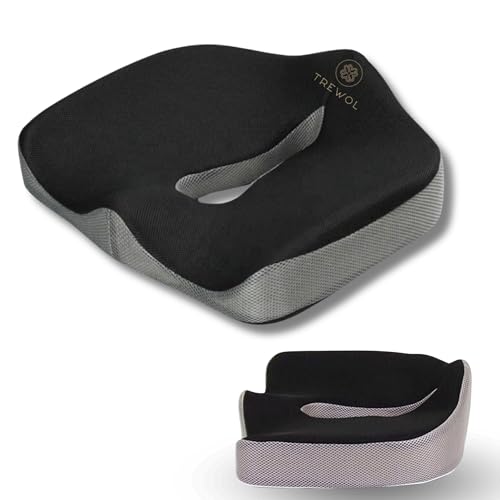 TREWOL Cojín Coxis Viscoelástico Ergonómico – antiescaras – Comodidad para Silla de Oficina, Coche y Ruedas – Base Antideslizante, Funda Transpirable y Lavable – 45x38x13/7 cm (Negro/Gris)