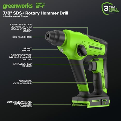 Greenworks 24V Cordless SDS 1.2J Heavy Duty Rotary Hammer Drill, 1-Inch Brushless Hammer Drill for Concrete, 2-Mode And Vairable Speed, 4AH Battery & Charger Included thumbnail 3