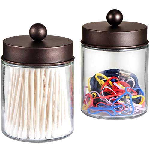 Apothecary Jars Bathroom Storage Organizer - Cute Qtip Dispenser Holder Vanity Canister Jar Glass With Lid For Cotton Swabs,Rounds,Bath Salts,Makeup Sponges,Hair Accessories/Bronze (2 Pack) #TOP3