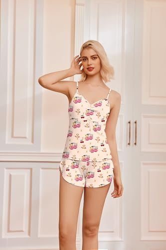 Image of Ekouaer Womens Pajama Sets Cami Short Sets V Neck Lingerie Soft 2 Pieces Pjs Set with Shorts 2025 Cherry Teddy Bear Apricot L