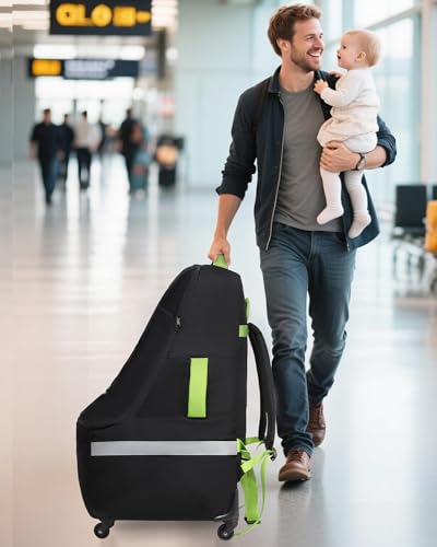 Image of MCBD Car Seat Travel Bag for Airplane, Foldable Baby Carseat Backpack for Travel Padded Carseat Carrier for Airport Gate Check, Infant Stroller Cover with Reflective Strips