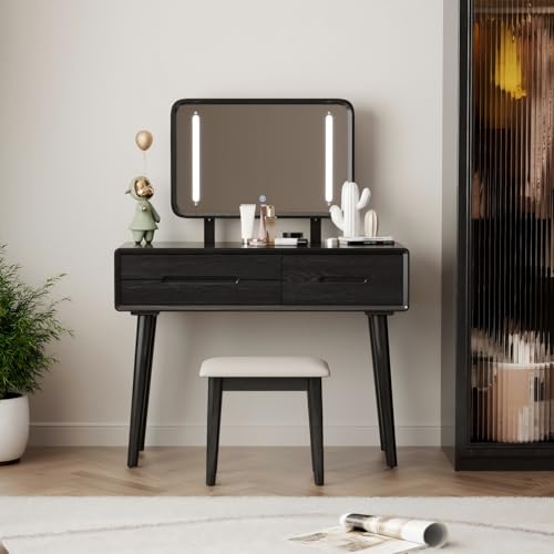 Image of KungFuWood 40 inch Solid Wood Makeup Vanity Desk with 3 Lighting Modes Color Dimmable LED Mirror, 3 Drawers Storage Vanity Table, Dressing Table for Bedroom, Black。