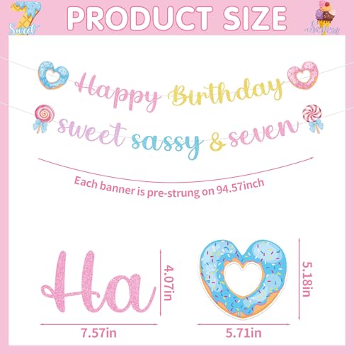 Image of 7th Birthday Party Decorations - 40 Pcs Donut Sweet Sassys and 7 Hanging Swirls Decors Sets for Girls Seven Candy Celing Banner Supplies Happy Dessert Insert Cupcake Toppers Balloons Favors