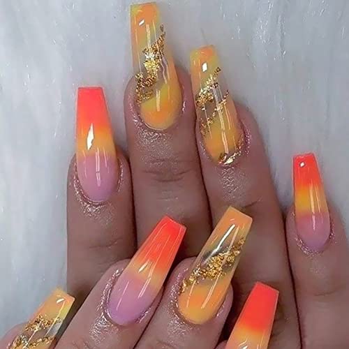 Wedity 24 Pcs Long Coffin Nail Stickers Orange Gradient Gold Foil Fake Nail Stickers Jelly Glue Stickers Press On Nails Ballet False Nails (Orange Gradient) Cover