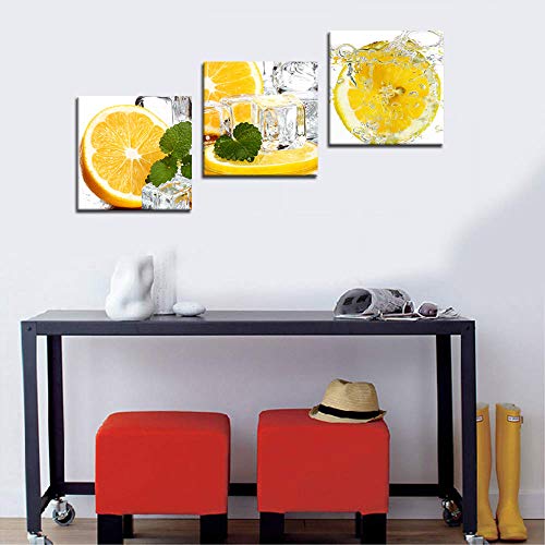 3 Pcs Ice Cube Poster Wall Art Slice Of Lemon In Water Isolated Light Yellow Canvas Painting Fruit Picture Lemon And Ice Cubes Lemon Kitchen Home Decor Framed Ready To Hang-12 Inch X 12 Inch X 3Pcs #TOP3