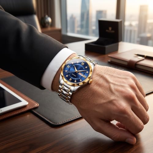 Image of GOLDENIZE FASHION Luxury Analog Roman Numeral Date Display Diamond Pattern Classics Stainless Steel Wrist Watch for Men