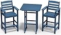 SERWALL Balcony Adirondack Chairs and Table 3 Pieces Set, Adirondack Bar Height Chairs Set of 2 and Bar Table, Outdoor Bar Stools Set for Bistro, Poolside, Backyard, Blue