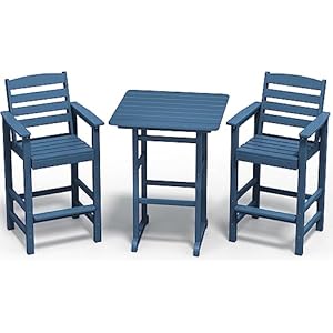 SERWALL Balcony Adirondack Chairs and Table 3 Pieces Set, Adirondack Bar Height Chairs Set of 2 and Bar Table, Outdoor Bar Stools Set for Bistro, Poolside, Backyard, Blue