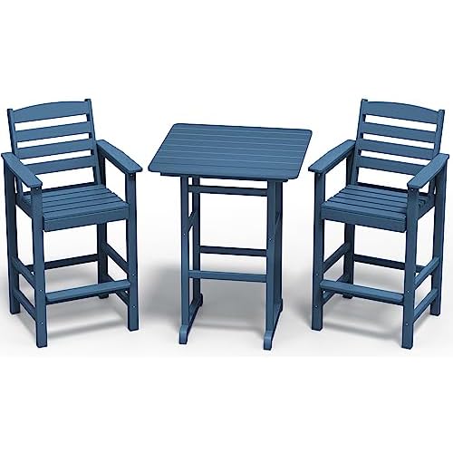 SERWALL Balcony Adirondack Chairs and Table 3 Pieces Set, Adirondack Bar Height Chairs Set of 2 and Bar Table, Outdoor Bar Stools Set for Bistro, Poolside, Backyard, Blue