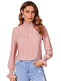 SheIn Damen Blusen Stehkragen Chiffonbluse Oberteil OL Business Hemdbluse Langarm Pullover mit Volant Ärmel Altrosa S