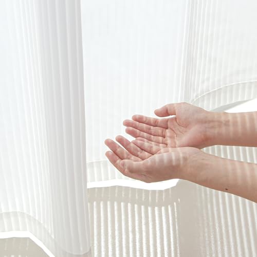 NICETOWN Non-See-Through White Striped Sheer Curtains 54 inches Long for Living Room, Semi Sheer Grommet Window Treatment Light Filtering Drapes for H