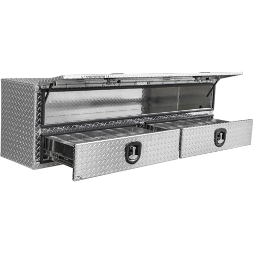 Buyers Products 1701678 Aluminum Heavy-Duty Flatbed Contractor Truck Tool Box with Lower Drawers, Silver Aluminum Diamond Tread, 21x18x72 in Dual-Tier Storage, Secure Locking, Made in USA