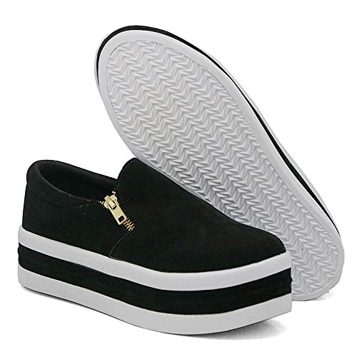 Slip On Feminino Sola Alta Tênis Plataforma Com Zíper Macio Iate Camurça Para Ficar Alta Cor:Preto;T
