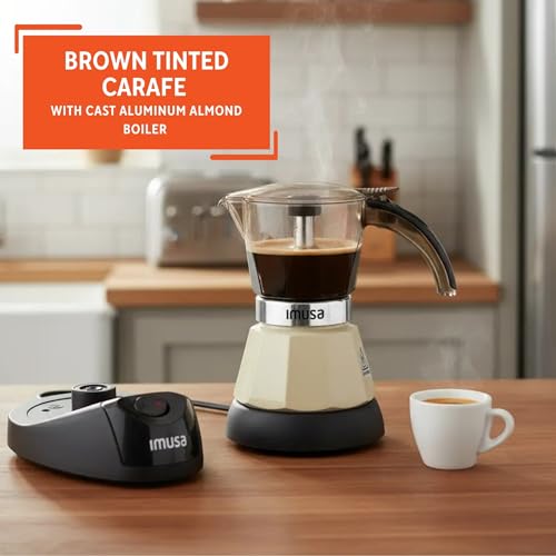 Image of IMUSA 3 or 2 Cup Electric Almond Espresso Maker, Compact Moka Coffee Machine with Keep Warm Function, Detachable Base, Milk Coffee Brewer for Cuban, Italian & Espresso Drinks