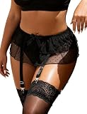 sunshinelady Women’s Lace Mesh Mini Skirt with Suspender Belt - High Waisted Plus Size Sexy Garter Belt for Thigh High, Black