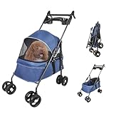 🐶CONDUITE FLUIDE : Poussette pliable pour chien avec les roues arrière en EVA de 6 cm de diamètre avec freins et les 2 roues avant pivotant à 360° permettent de manœuvrer facilement la poussette pour un voyage confortable. Comprend 2 sangles de sécurité pour attacher votre chien et l'empêcher de sortir.