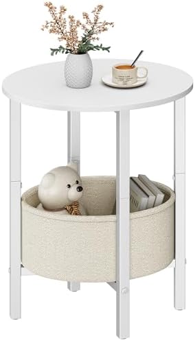 Vagusicc Round Side Table End Table with Storage Basket, Small Si...