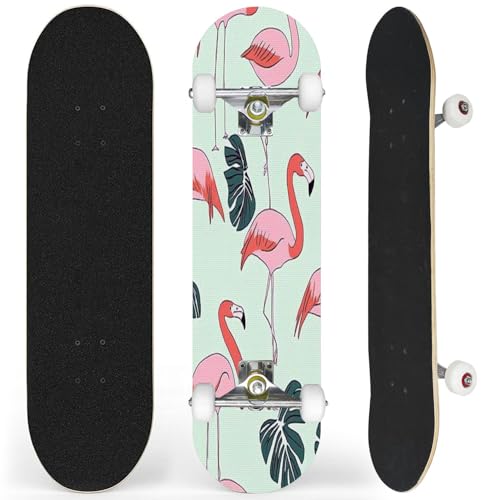 Complete Skateboard with Flamingos Tropical Leaves Flowers Seamless Beginner Skateboard 7-Layer Maple Wood Double Kick Concave Skateboards for Kids, Adults, Teens 31